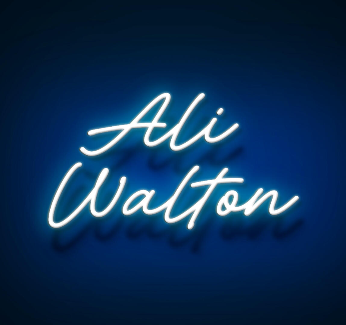 the text Ali Walton in a neon light font